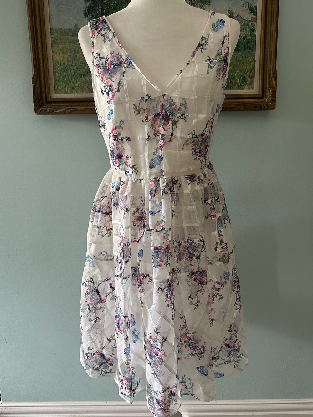 Sleeveless Floral A-Line Dress in White with Pink & Blue Flowers